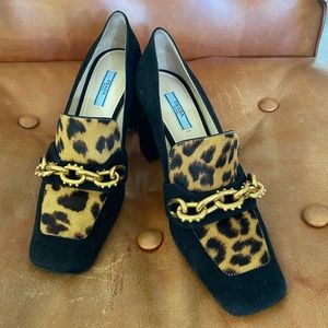 Prada Stacked Heel Loafers Black Suede and Leopard